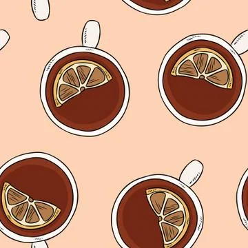 Cup of tea with lemon. Hand drawn cute cartoon seamless pattern. Texture back Stock Illustration