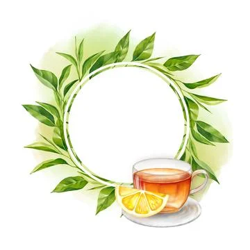 Cup of tea, lemon piece and round frame with tea leaves. Hand drawn illustr.. Stock-Illustration