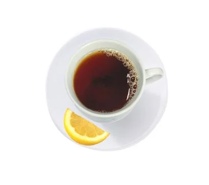 Cup of tea with lemon slice isolated on white Fotos de archivo
