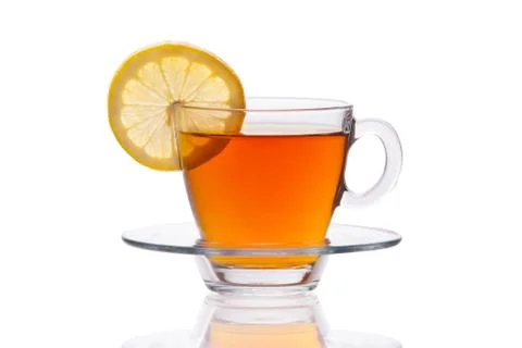 Cup of tea with lemon slice isolated on white background Foto stock