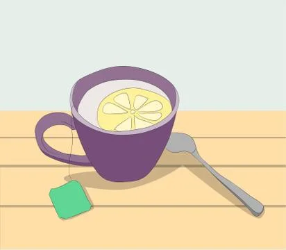 Cup of tea with lemon on the table Illustrazione stock