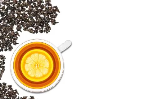 A cup of tea with lemon on a white background. View from above Stock Photos