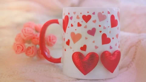 Cup of tea or coffee, red and pink hearts pattern,  warm crochet plaid. Stock Footage 300638894