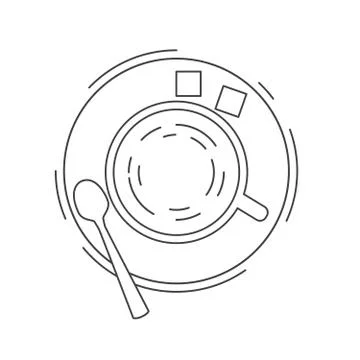 Cup of tea or coffee with a spoon and sugar in linear style a vector. Stock Illustration