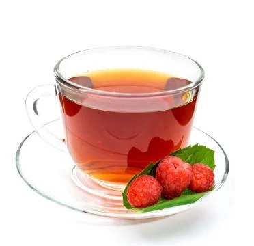Cup of tea with raspberry isolated Stock Photos