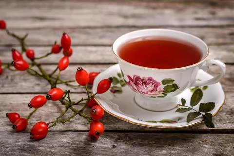 Cup of tea with rosehip berries Stock-Fotos