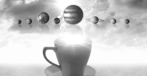 Cup of tea with surreal solar system planets and clouds Stock Photos