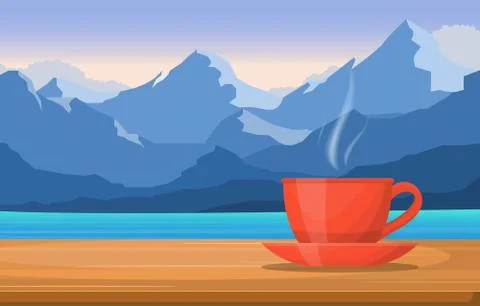 A Cup of Tea on Table in Mountain Lake Sea View Illustration イラスト素材