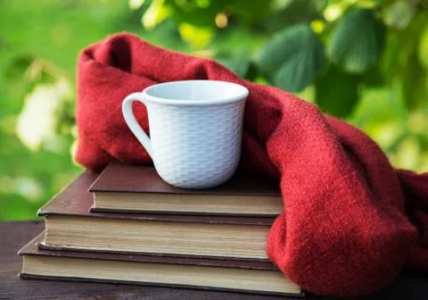 Cup of tea on the table with a scarf and a pile of books Stock Photos
