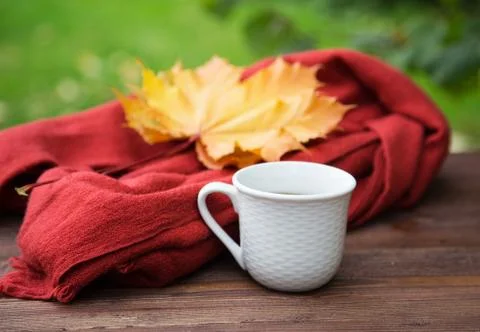 Cup of tea on the table with a scarf and a pile of books Stock Photos