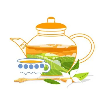 Cup of tea, teapot and spoon vector on white background イラスト素材