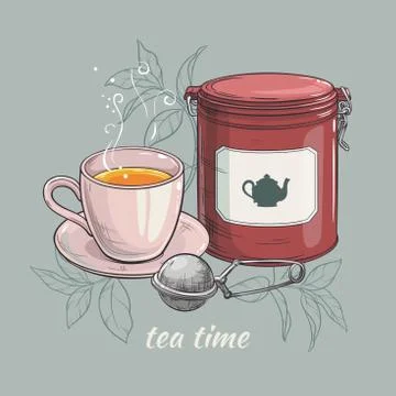 Cup of tea with tin packaging and tea-strainer Stock Illustration