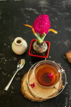 A cup of tea in a transparent cup with spring hyacinth flower on a black back Stock Photos