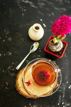 A cup of tea in a transparent cup with spring hyacinth flower on a black back Stock Photos