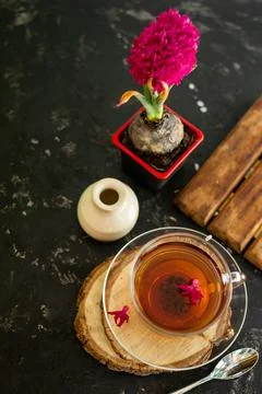 A cup of tea in a transparent cup with spring hyacinth flower on a black back Stock Photos