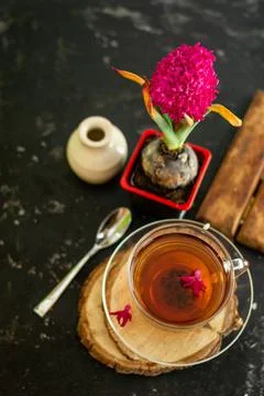 A cup of tea in a transparent cup with spring hyacinth flower on a black back Stock Photos