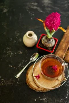A cup of tea in a transparent cup with spring hyacinth flower on a black Stock Photos