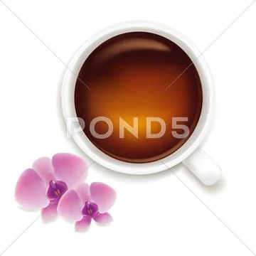 Cup of tea vector illustration with orchids Stock Illustration