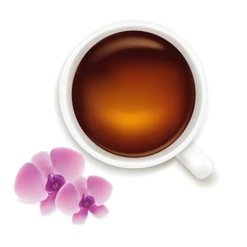 Cup of tea vector illustration with orchids Stock Illustration