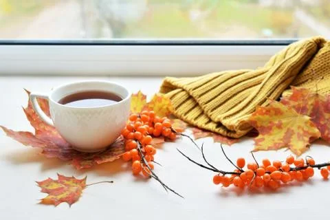 A cup of tea on window sill Foto stock