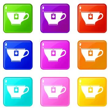 Cup with teabag icons 9 set Illustration