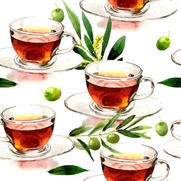 Cup of tee with olive tree pattern in a watercolor style isolated Stock Illustration