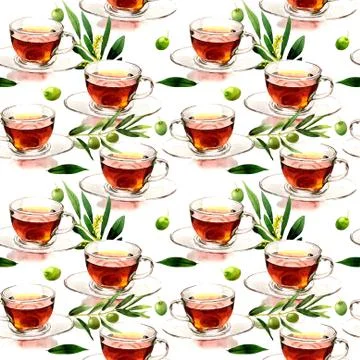 Cup of tee with olive tree pattern in a watercolor style isolated Stock Illustration