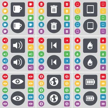 Cup, Trash can, Tablet PC, Sound, Media skip, Fire, Vision, Eart icon symbol. A Stock Illustration