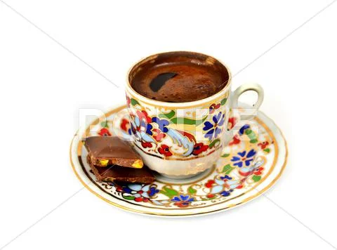 A cup of Turkish coffee with chocolate, white background Stock Photos