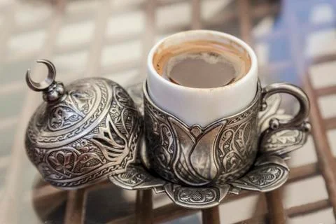 Cup of turkish coffee on table Stock Photos