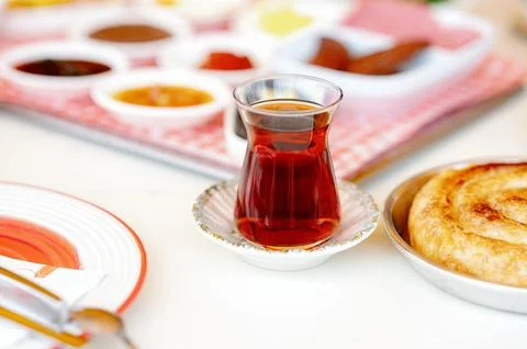 A cup of Turkish tea on the table, breakfast Stock Photos