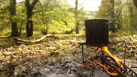 Cup of Water Boiling over Campfire. Camping in the Forest Stock Footage