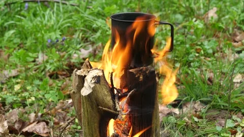 Cup of Water Boiling over Campfire. Campfire Cooking Video stock 306865545