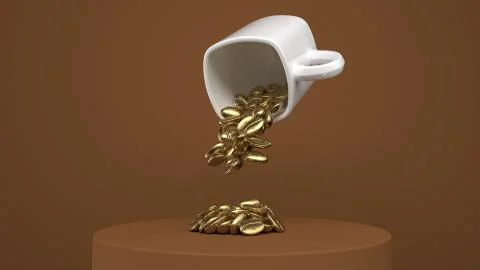 Cup whit coffee beans 3d render in brown background Illustrazione stock