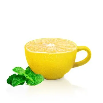 Cup on a white background. Cup with a texture of lemon. Creative. Abstract Stockfoto's