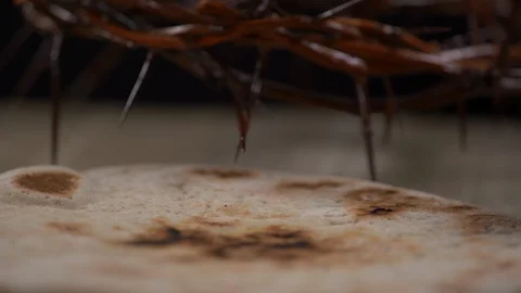 Cup of Wine, Bread, and Thorn Crown Panning to the Right. Bread, Religion Stock-Footage 128557771
