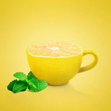 Cup on a yellow background. Cup with a texture of lemon. Creative. Stockfoto's