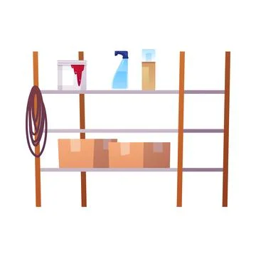 Cupboard, cabinet with stuff, vector flat icon, steel shelves, basement, garage Stock Illustration