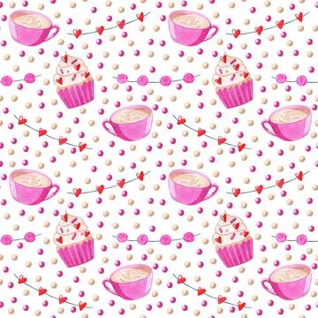 Cupcake and cappuccino seamless pattern. Valentines day watercolor hand drawn Stock Illustration