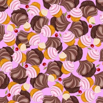 Cupcake and cherry  vector seamless pattern Stock Illustration