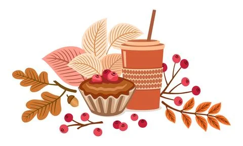 Cupcake and drink with fall foliage decoration, vector illustration イラスト素材
