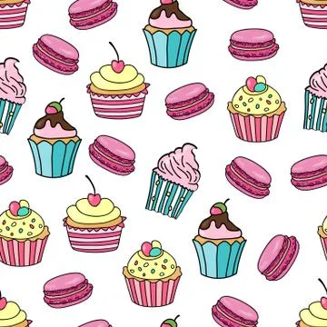 Cupcake and macaroon background. Seamless pattern with different cupcakes and Stock Illustration