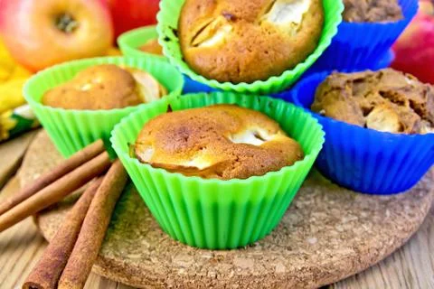 Cupcake and rye with apples on board Stock Photos