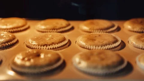 Cupcake. Baking in oven. Time lapse footage of cooking muffins. 4k, UHD Video stock 81494168