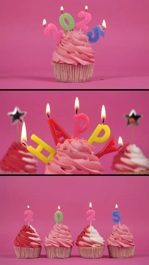 Cupcake with burning multi-colored candles on a pink background. vertical video Stock Footage 275206910