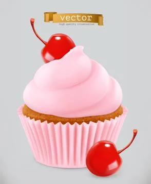 Cupcake with cherry. 3d realistic vector icon Stock Illustration