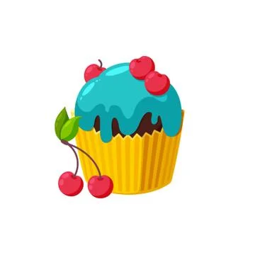 Cupcake with cherry and blue icing. Tasty dessert with shiny frosting. Vector Stock Illustration