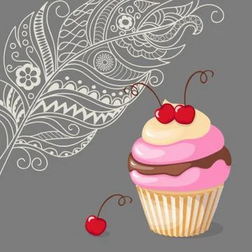 Cupcake with cherry on the boho background Stock Illustration