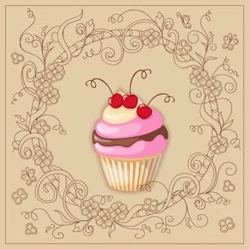 Cupcake with cherry on the boho background Stock Illustration