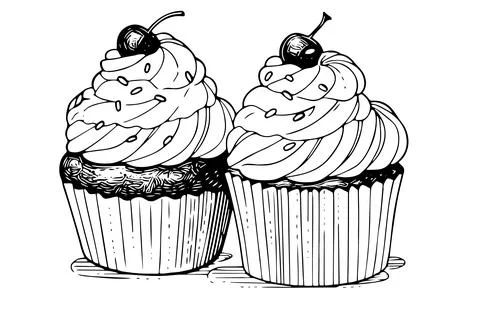 Cupcake with cherry hand drawn ink sketch. Engraved style retro vector Stock Illustration
